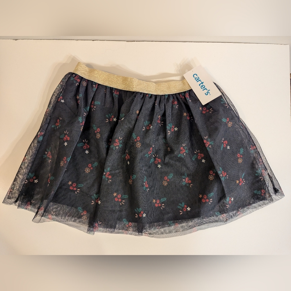 Girls Dark Blue Tulle Floral Skirt, Size 6/6X